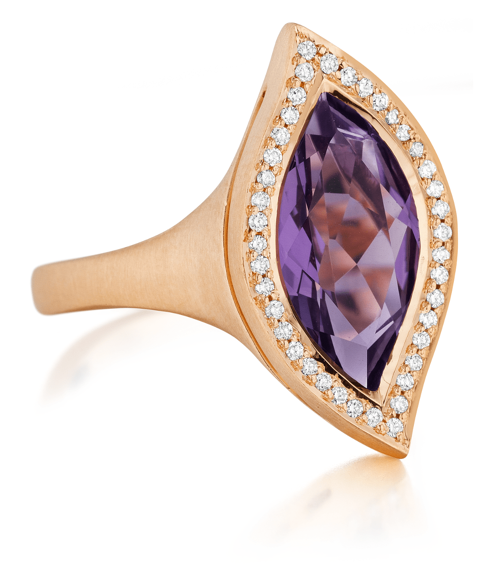 Large Amethyst and Diamond Pave North-South Leaf Ring