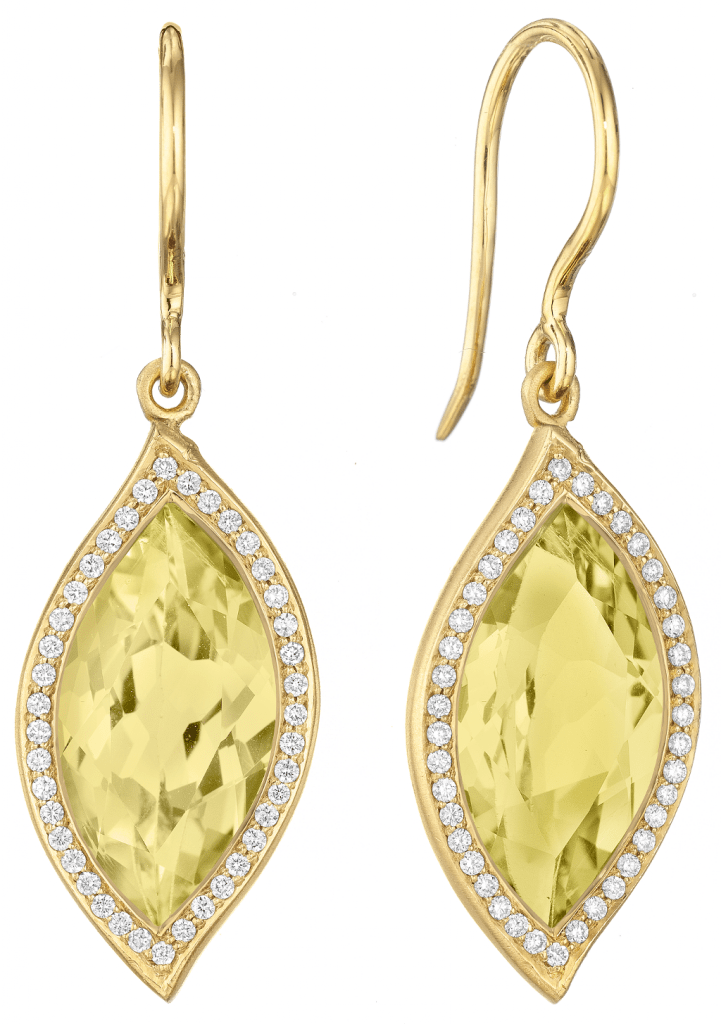 Lemon Quartz and Diamond Pave Leaf Earrings